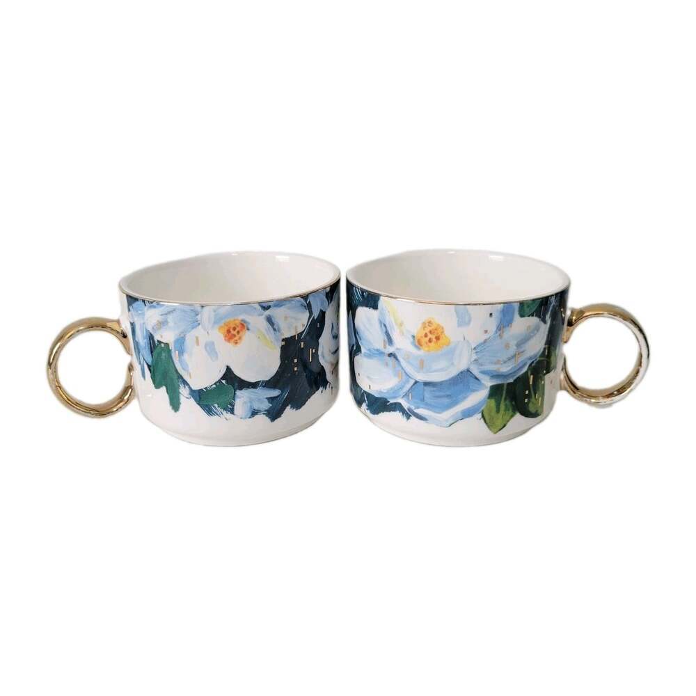 Anthropologie Anais Coffee Mug Set Of 2 Magnolia Flower Gold Trim Hand Painted